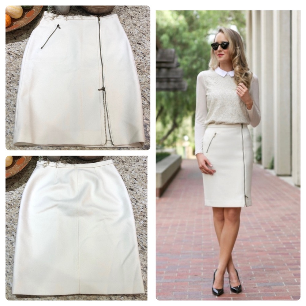 J. Crew Asymmetrical Zip Pencil Skirt In 100% Wool Ivory 2